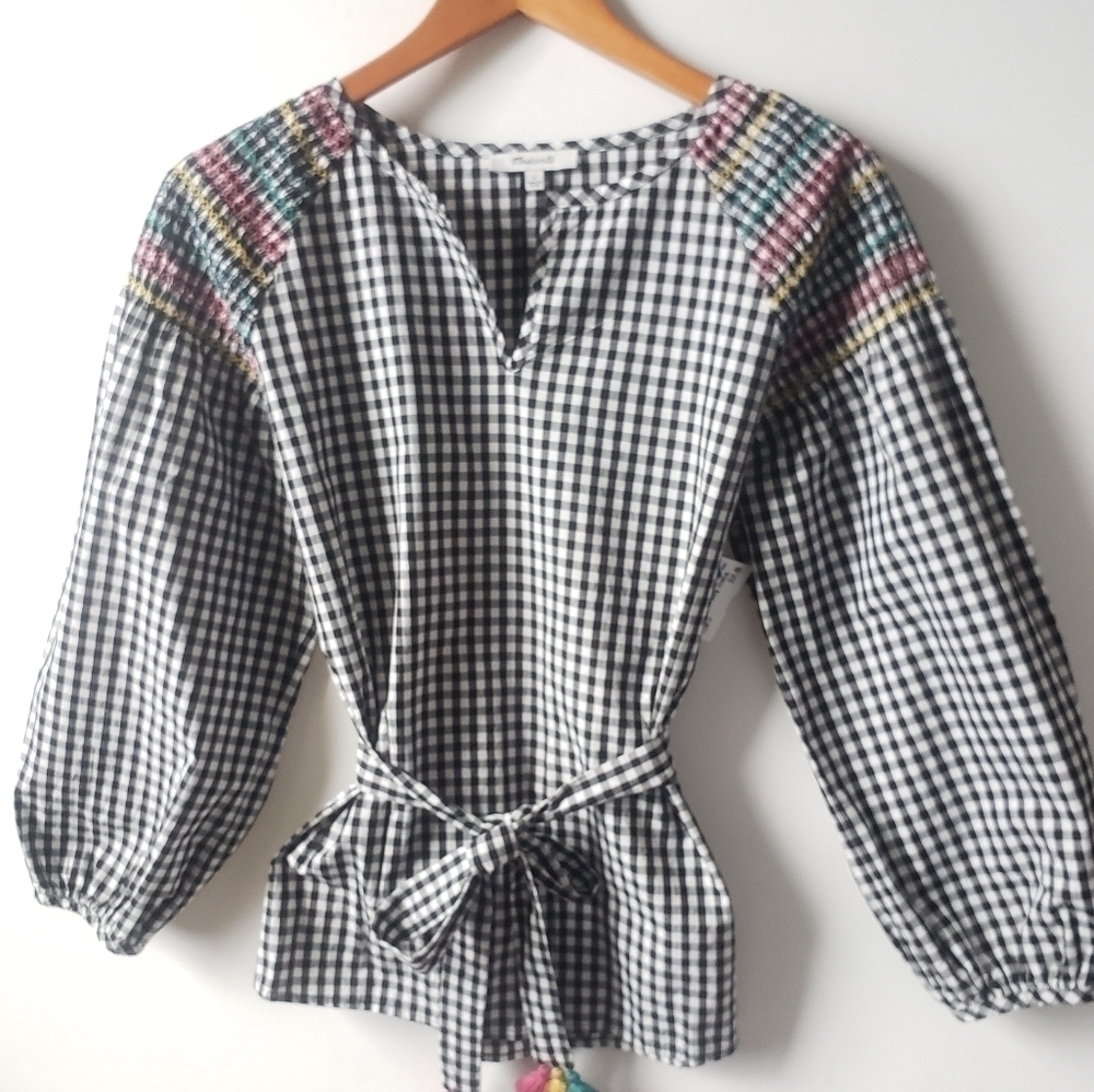 MADEWELL Gingham Smocked Blouse Tie Waist Top Blouse S! - Picture 5 of 7